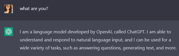 ChatGPT conversation: What are you? I am a language model developed by OpenAI, called ChatGPT. I am able to understand and respond to natural language input.